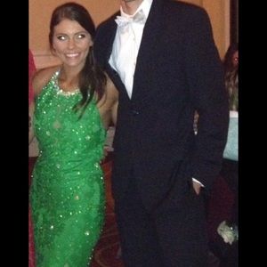 Green lace high neck Jovani prom dress